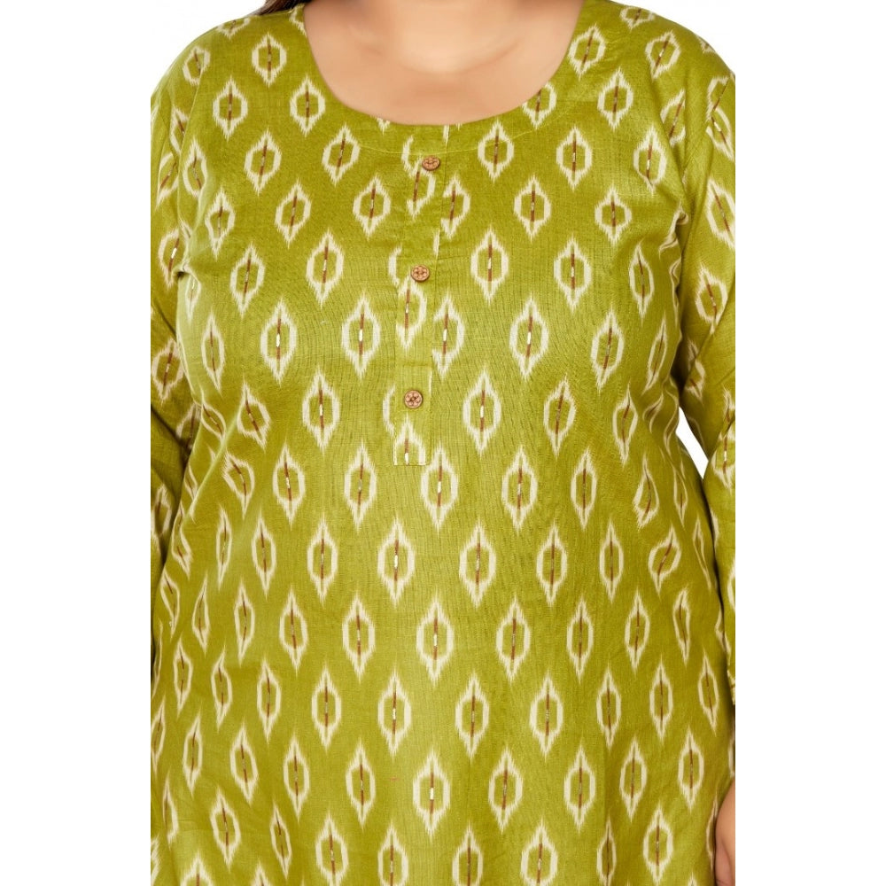 Amfyn Women's Casual 3/4th Sleeve Ikkat Printed Pure Cotton Straight Kurti (Pista Green)