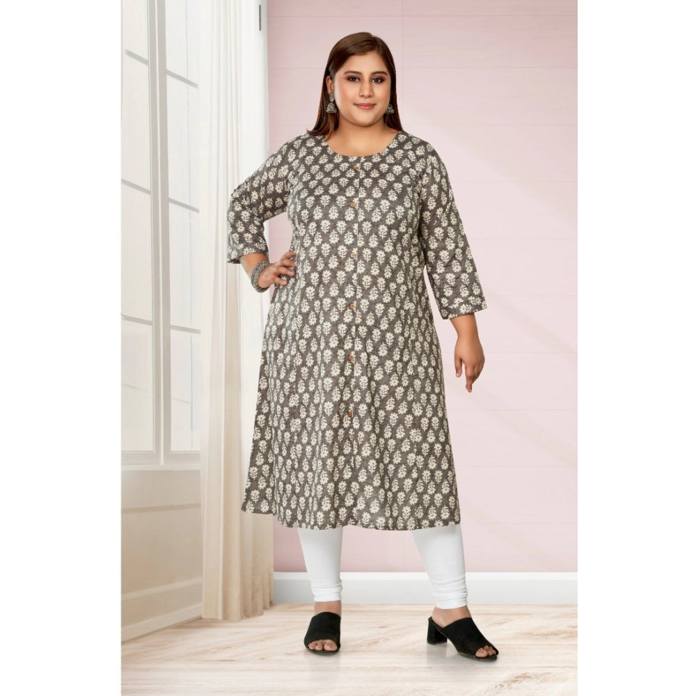 Amfyn Women's Casual 3/4th Sleeve Printed Pure Cotton Prince Cut A-Line Kurti (Grey)
