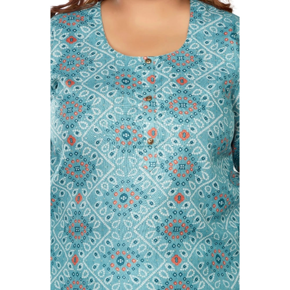 Amfyn Women's Casual 3/4th Sleeve Golden Foil Printed Rayon Straight Kurti (Blue)