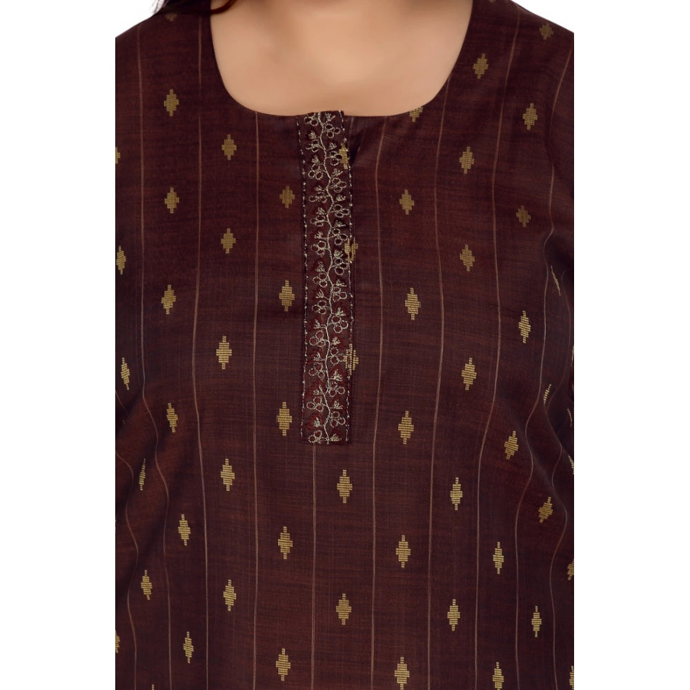 Amfyn Women's Casual 3/4th Sleeve Cotton Mix Golden Embroidered Straight Kurti (Maroon)
