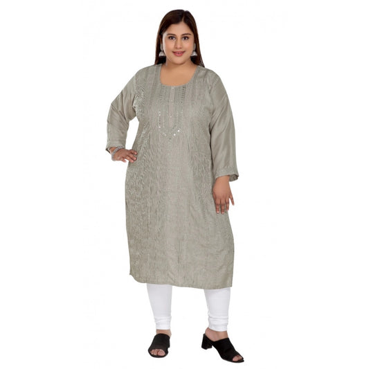 Amfyn Women's Casual 3/4th Sleeve Imported Fabric Self Embroidered Straight Kurti With Lining (Grey)