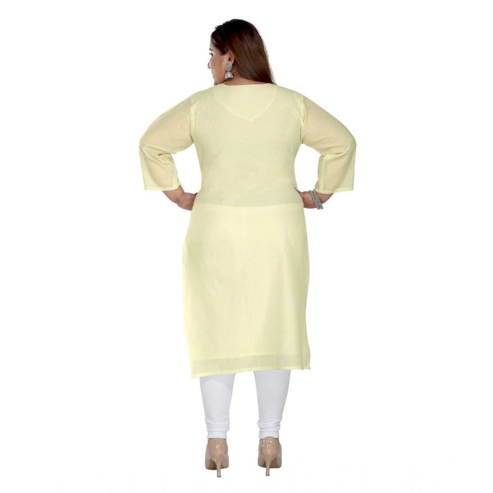 Amfyn Women's Casual 3/4th Sleeve Rayon Mirror Embroidered Straight Kurti (Light Yellow)
