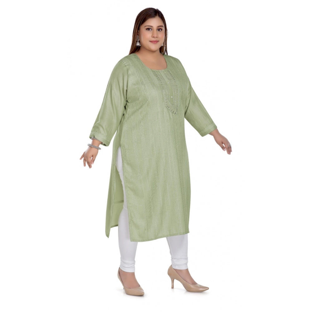 Amfyn Women's Casual 3/4th Sleeve Imported Fabric Self Embroidered Straight Kurti With Lining (Pista Green)