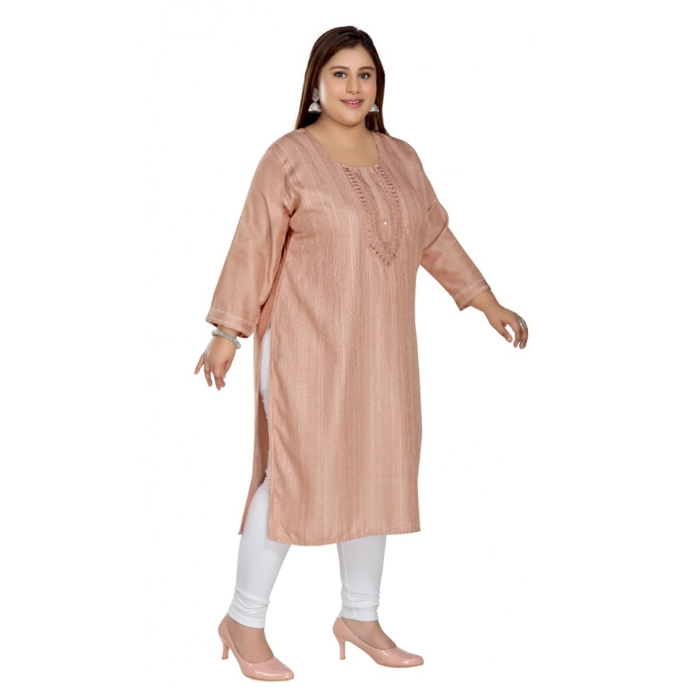 Amfyn Women's Casual 3/4th Sleeve Imported Fabric Self Embroidered Straight Kurti With Lining (Coral Pink)