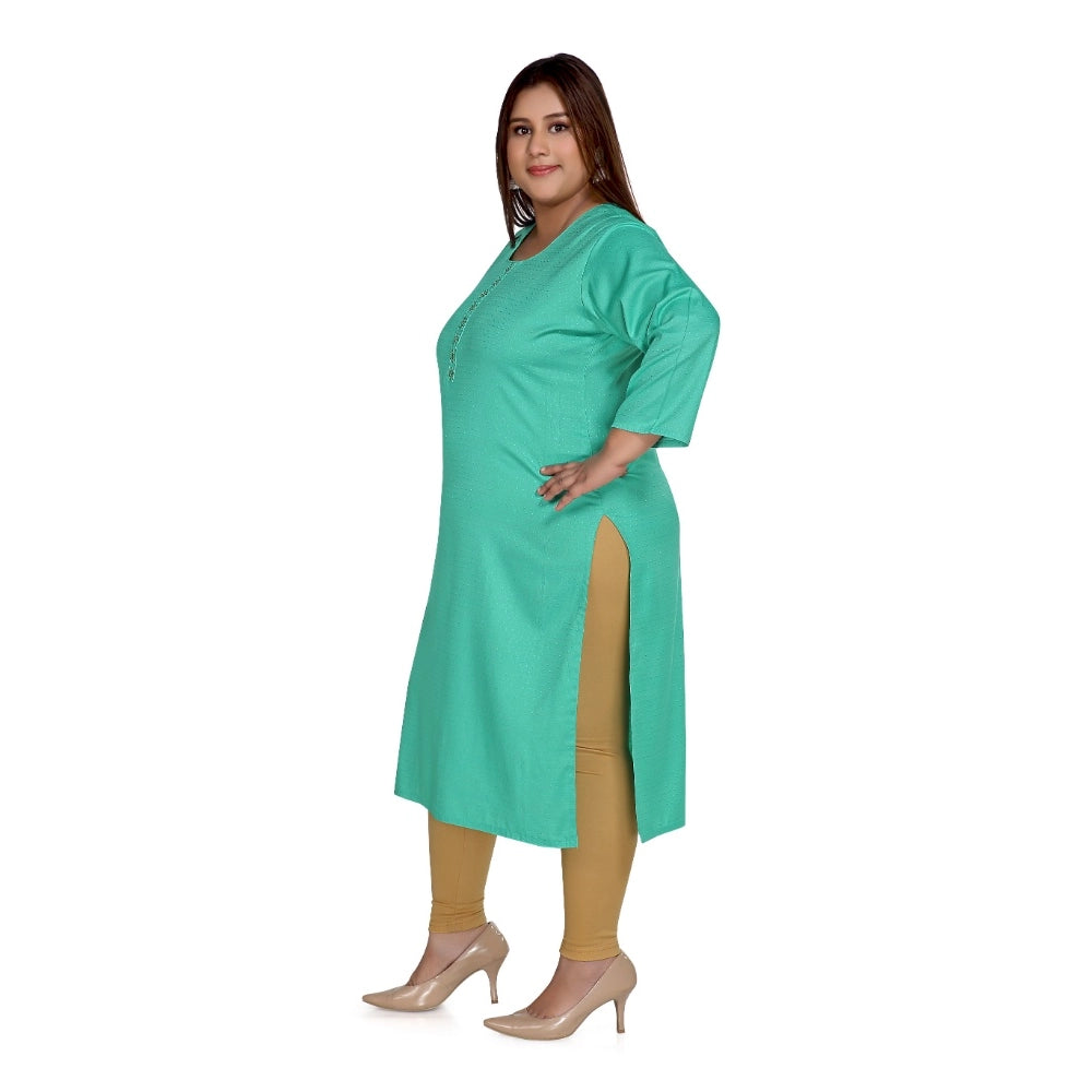 Amfyn Women's Casual 3/4th Sleeve Rayon Mirror Embroidered Straight Kurti (Turquoise)