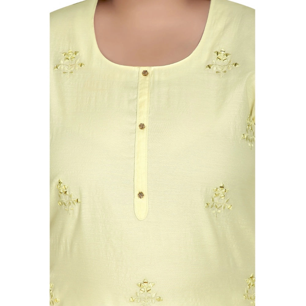 Amfyn Women's Casual 3/4th Sleeve Rayon Mirror Embroidered Straight Kurti (Light Yellow)