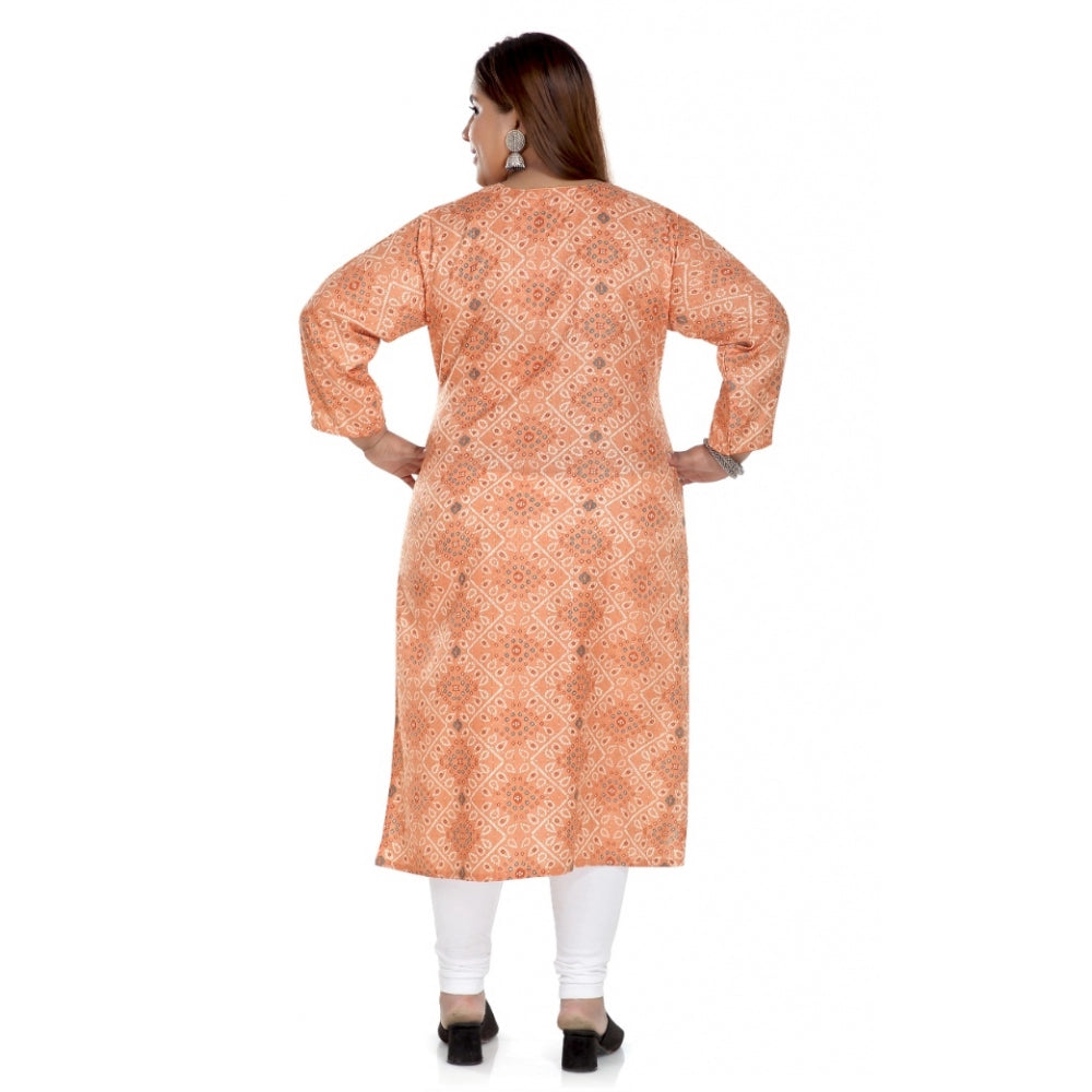 Amfyn Women's Casual 3/4th Sleeve Rayon Golden Foil Printed Straight Kurti (Light Orange)