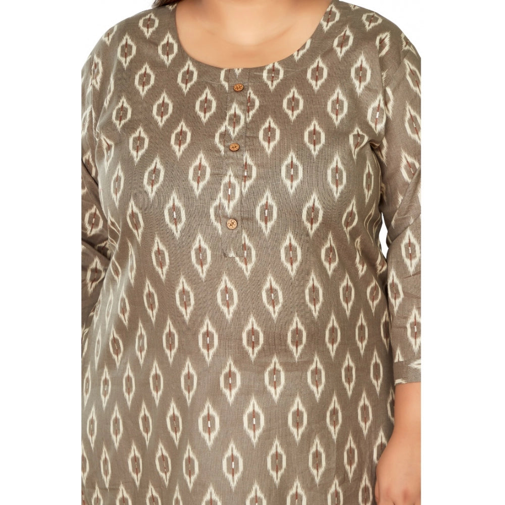 Amfyn Women's Casual 3/4th Sleeve Pure Cotton Ikkat Printed Straight Kurti (Dark Grey)
