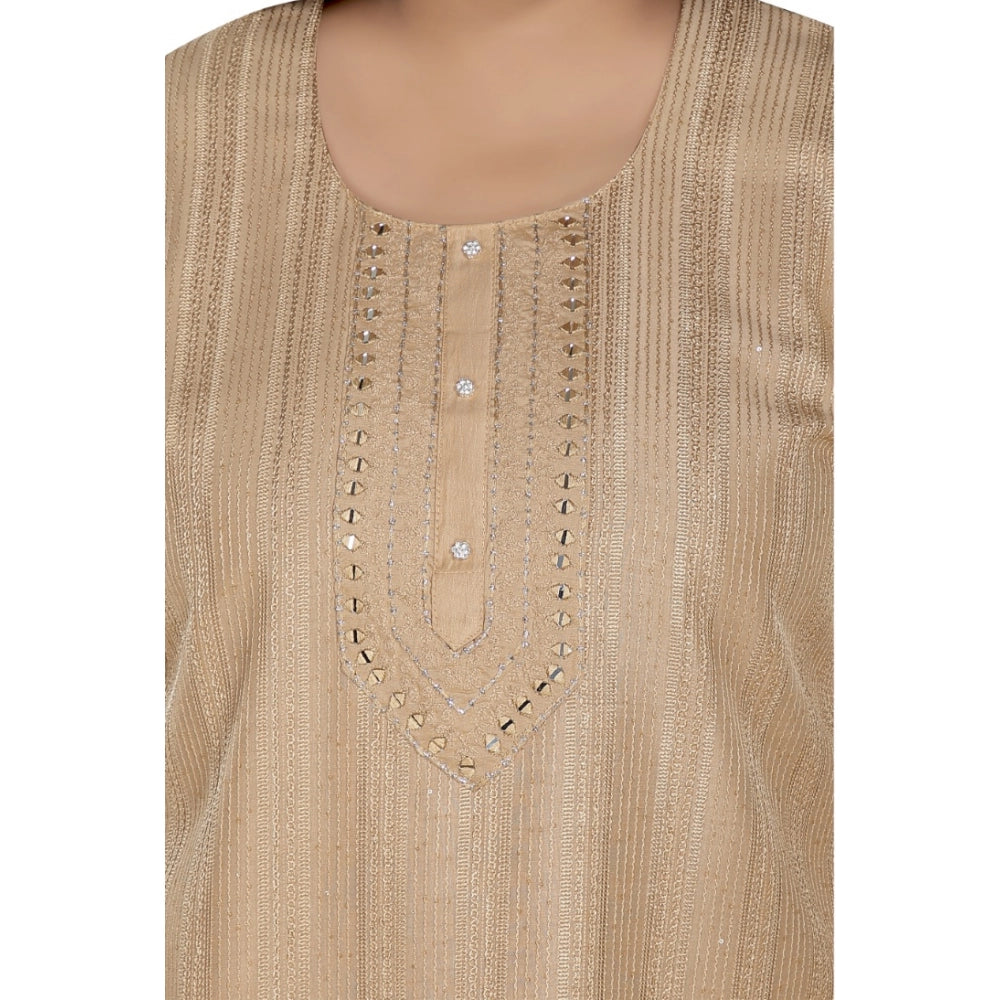 Amfyn Women's Casual 3/4th Sleeve Imported Fabric Self Embroidered Straight Kurti With Lining (Tan)