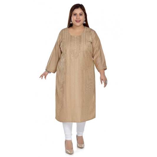 Amfyn Women's Casual 3/4th Sleeve Imported Fabric Self Embroidered Straight Kurti With Lining (Tan)