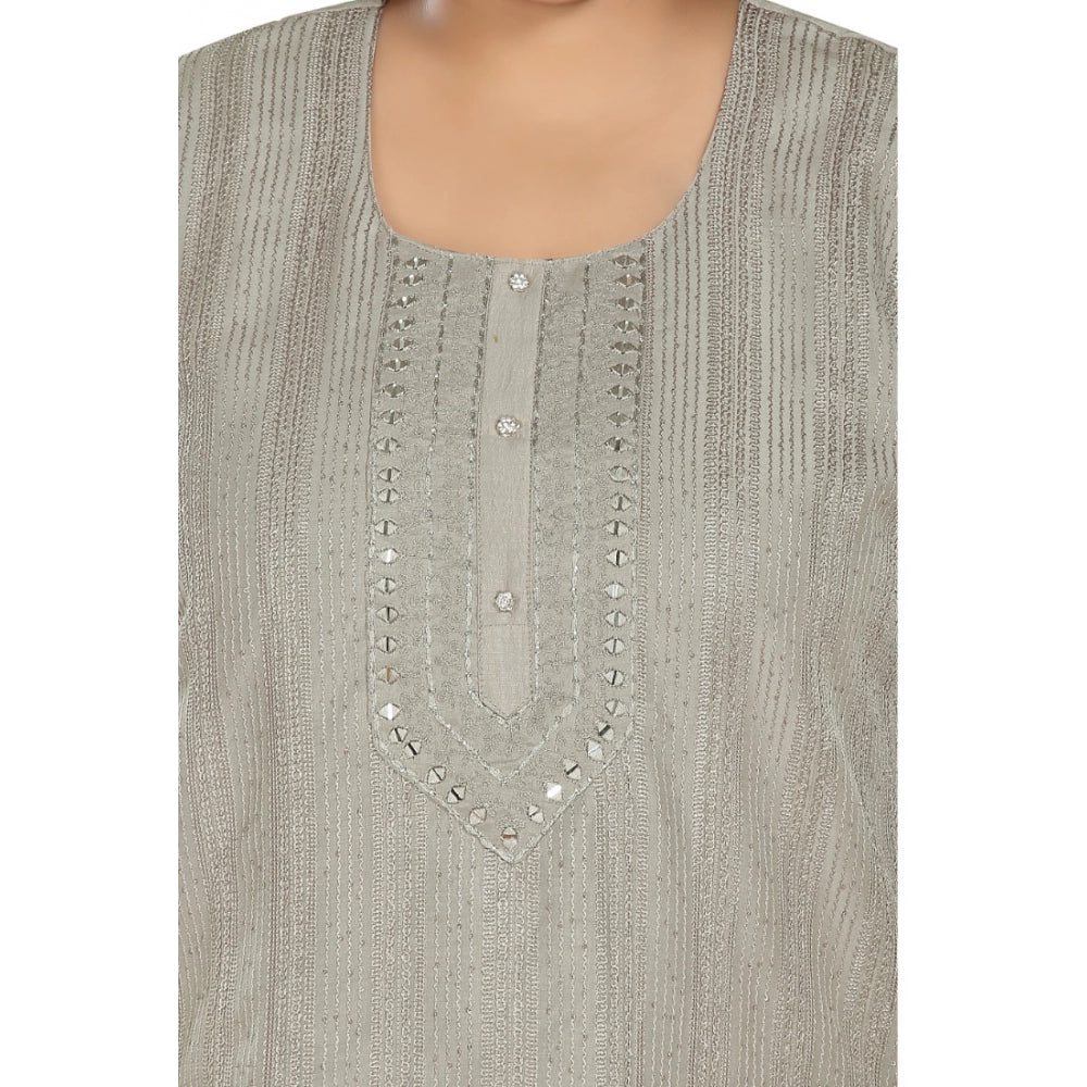 Amfyn Women's Casual 3/4th Sleeve Imported Fabric Self Embroidered Straight Kurti With Lining (Grey)