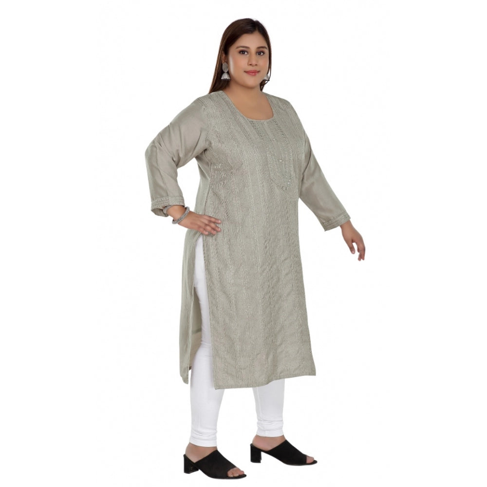 Amfyn Women's Casual 3/4th Sleeve Imported Fabric Self Embroidered Straight Kurti With Lining (Grey)