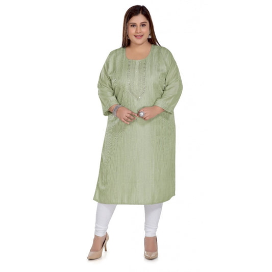 Amfyn Women's Casual 3/4th Sleeve Imported Fabric Self Embroidered Straight Kurti With Lining (Pista Green)