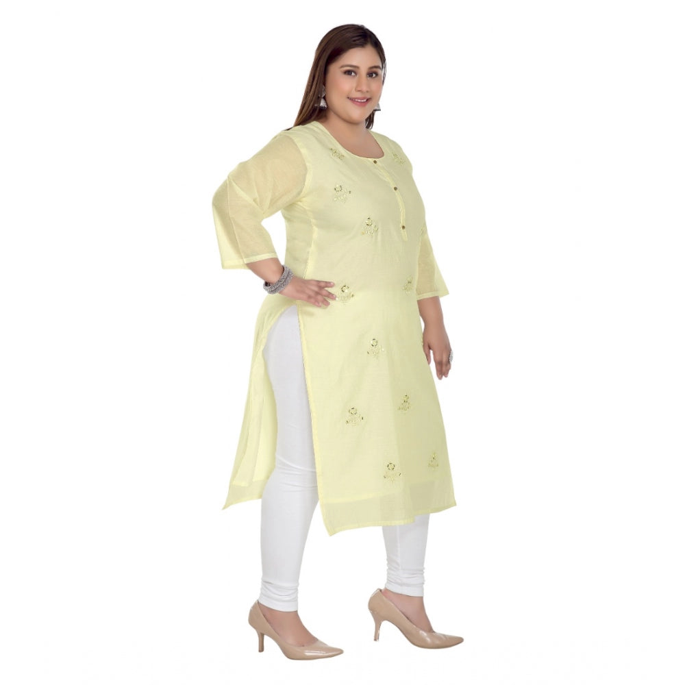 Amfyn Women's Casual 3/4th Sleeve Rayon Mirror Embroidered Straight Kurti (Light Yellow)