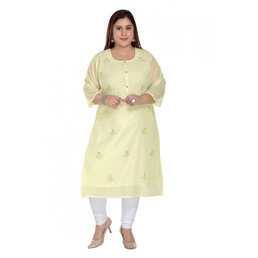 Amfyn Women's Casual 3/4th Sleeve Rayon Mirror Embroidered Straight Kurti (Light Yellow)