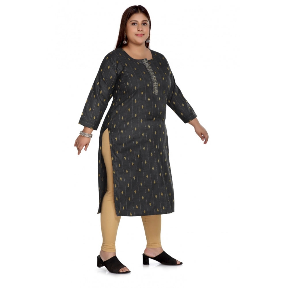 Amfyn Women's Casual 3/4th Sleeve Cotton Mix Golden Embroidered Straight Kurti (Black)