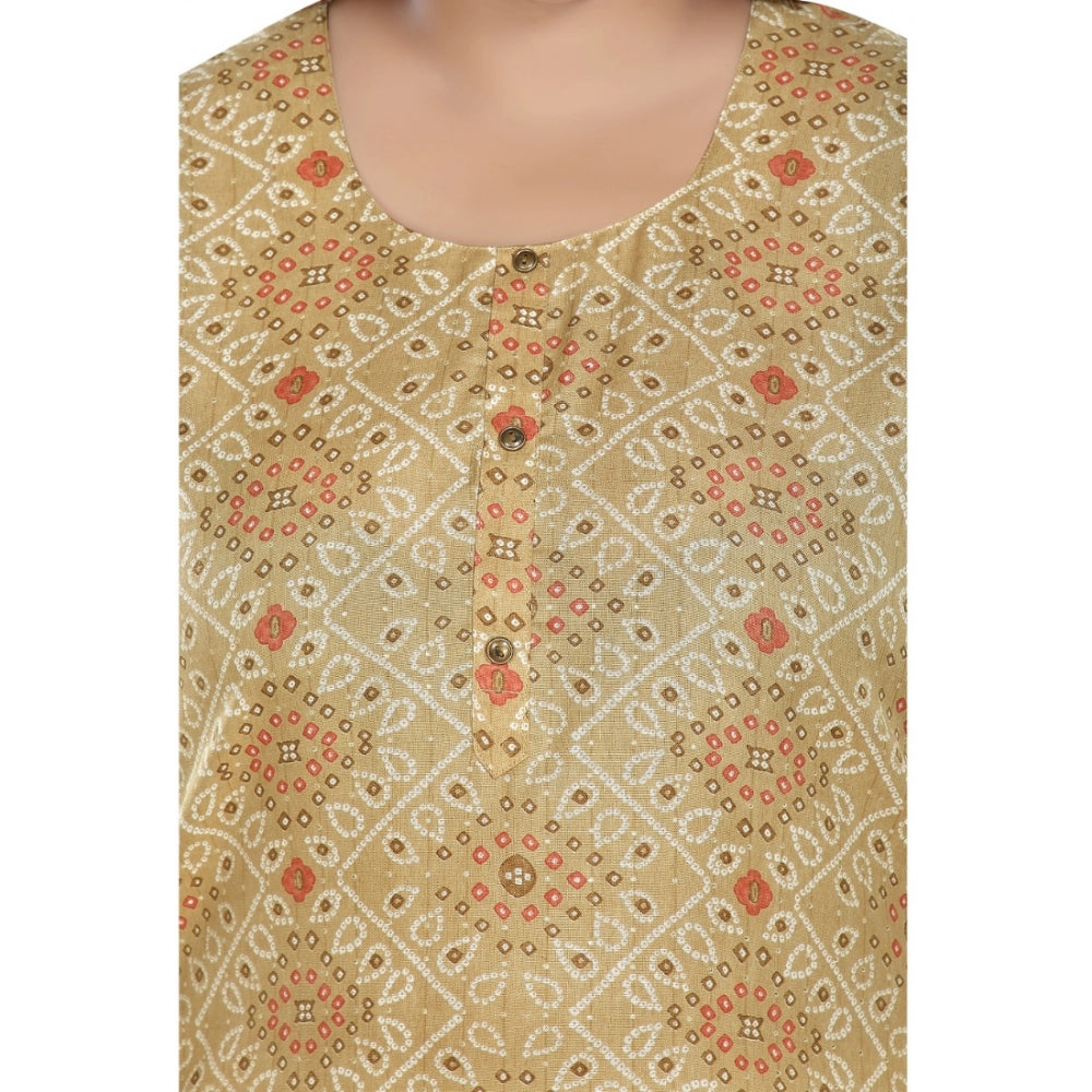 Amfyn Women's Casual 3/4th Sleeve Rayon Golden Foil Printed Straight Kurti (Tan)