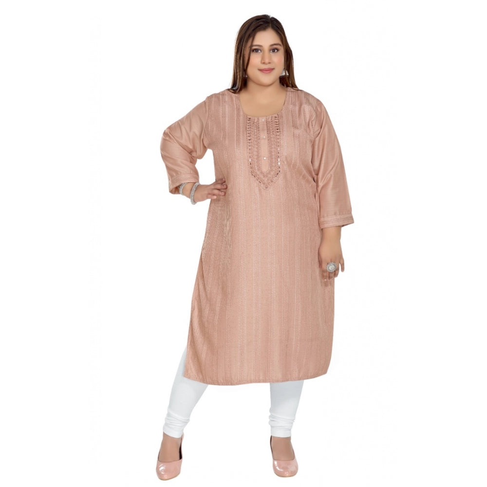 Amfyn Women's Casual 3/4th Sleeve Imported Fabric Self Embroidered Straight Kurti With Lining (Corel Pink)