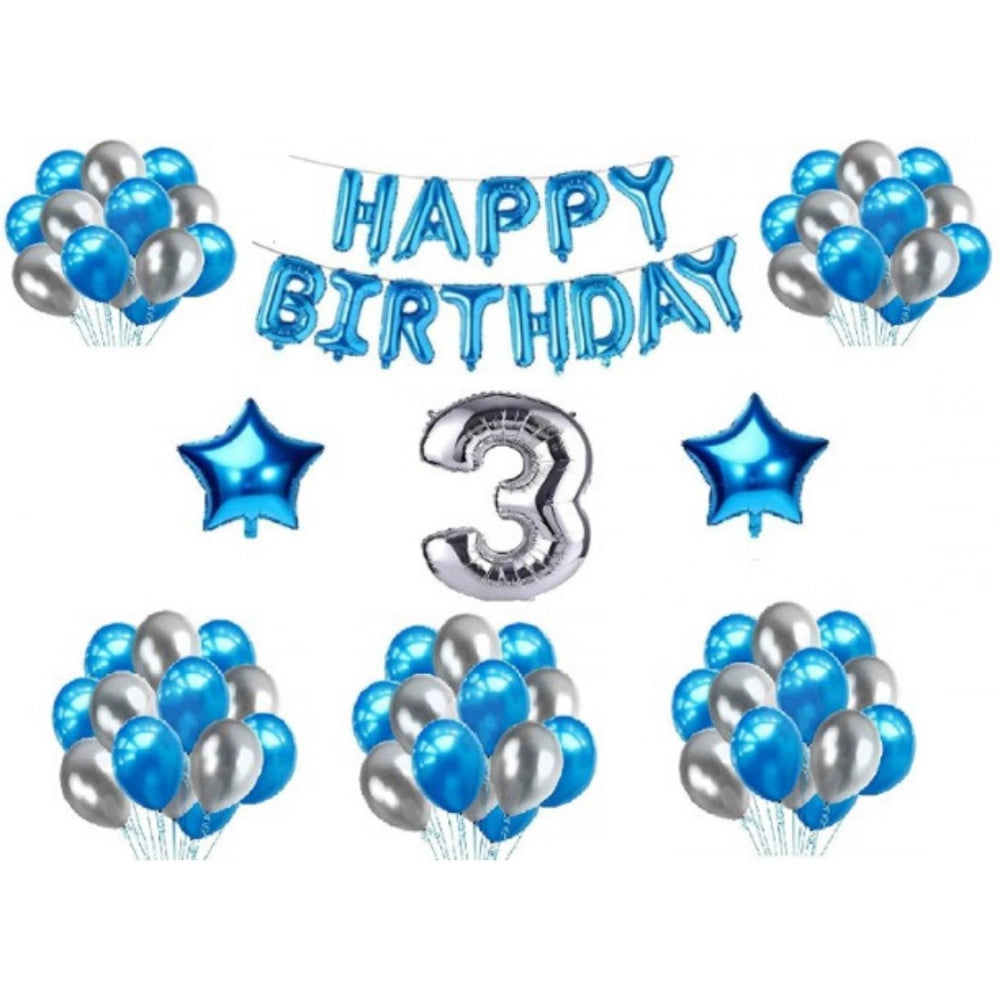 Amfyn 3Rd Happy Birthday Decoration Combo With Foil And Star Balloons (Blue, Silver)