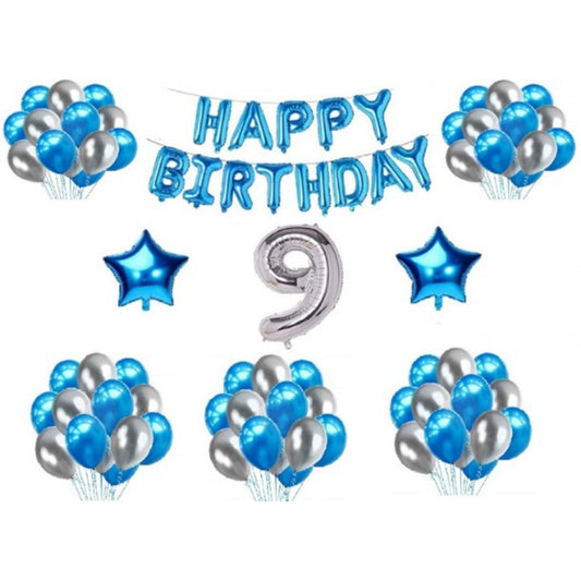 Amfyn 9Th Happy Birthday Decoration Combo With Foil And Star Balloons (Blue, Silver)