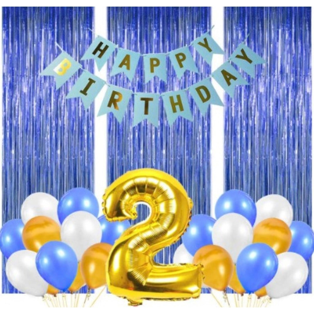 Amfyn 2Nd Birthday Decoration Combo Of No 2 Foil Balloons, Banner, Balloons And Curtain (Multicolor)