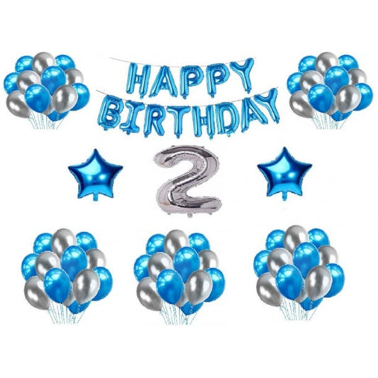Amfyn 2Nd Happy Birthday Decoration Combo With Foil And Star Balloons (Blue, Silver)