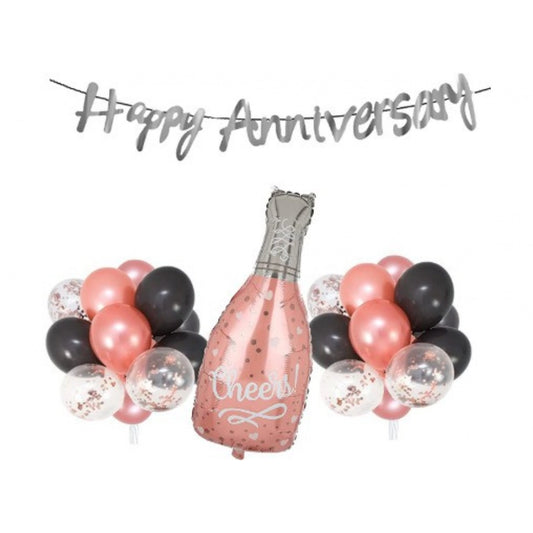 Amfyn Happy Anniversary Decoration Set Cheer Bottle And Foil Balloons (Rose Gold)