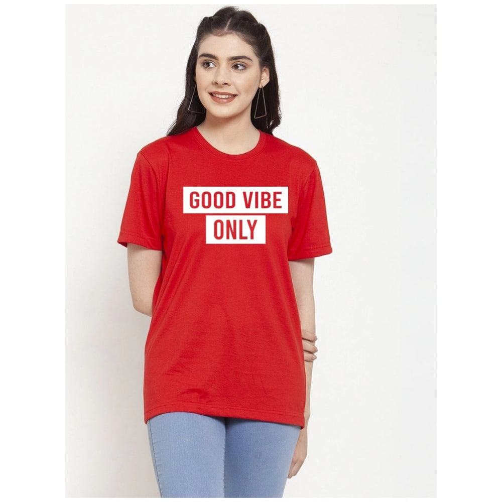Amfyn Women's Cotton Blend Good Vibe Only Printed T-Shirt (Red)