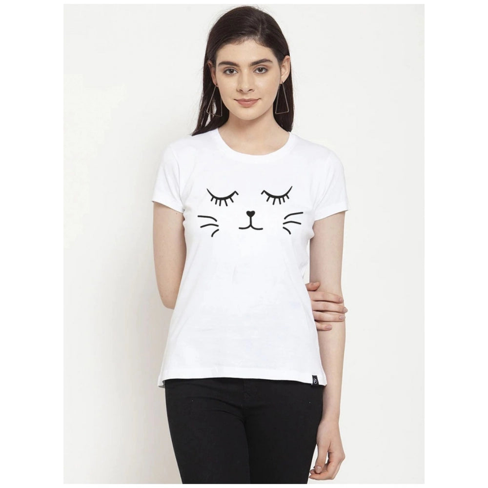 Amfyn Women's Cotton Blend Graphic Cat Printed T-Shirt (White)