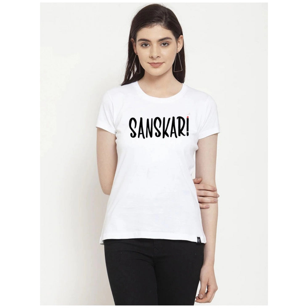 Amfyn Women's Cotton Blend Sanskari Printed T-Shirt (White)