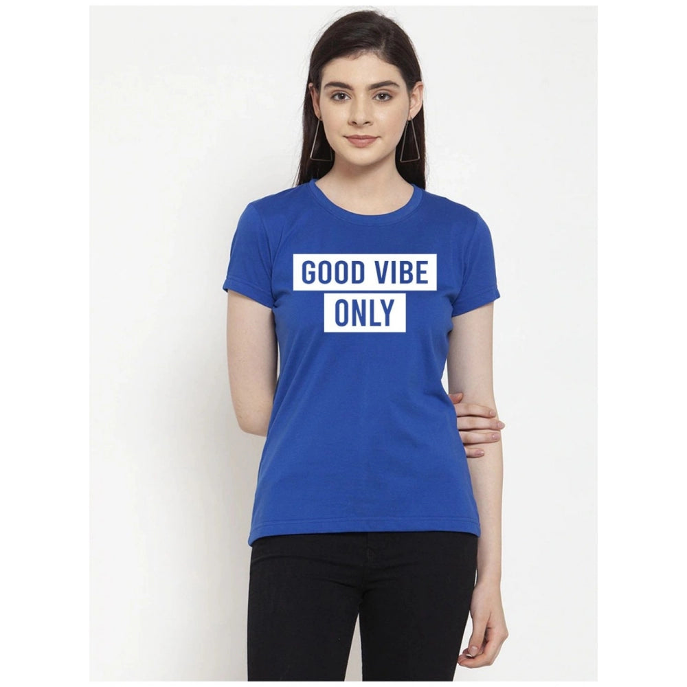 Amfyn Women's Cotton Blend Good Vibe Only Printed T-Shirt (Blue)