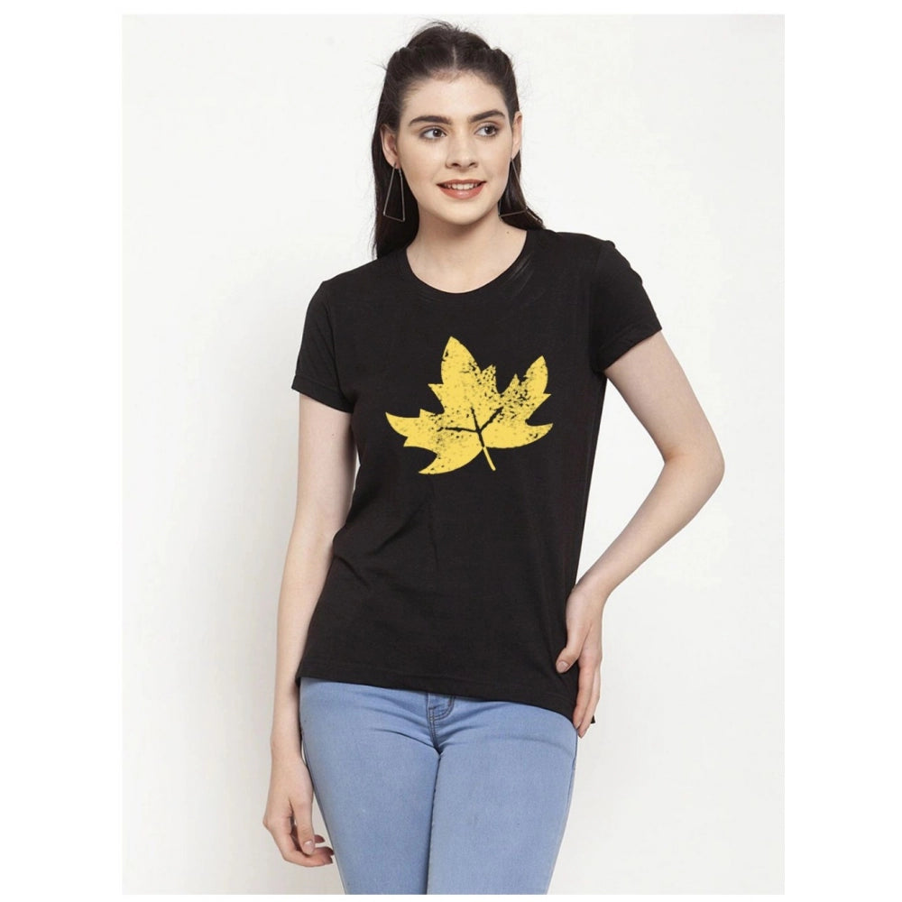 Amfyn Women's Cotton Blend Leafe Printed T-Shirt (Black)