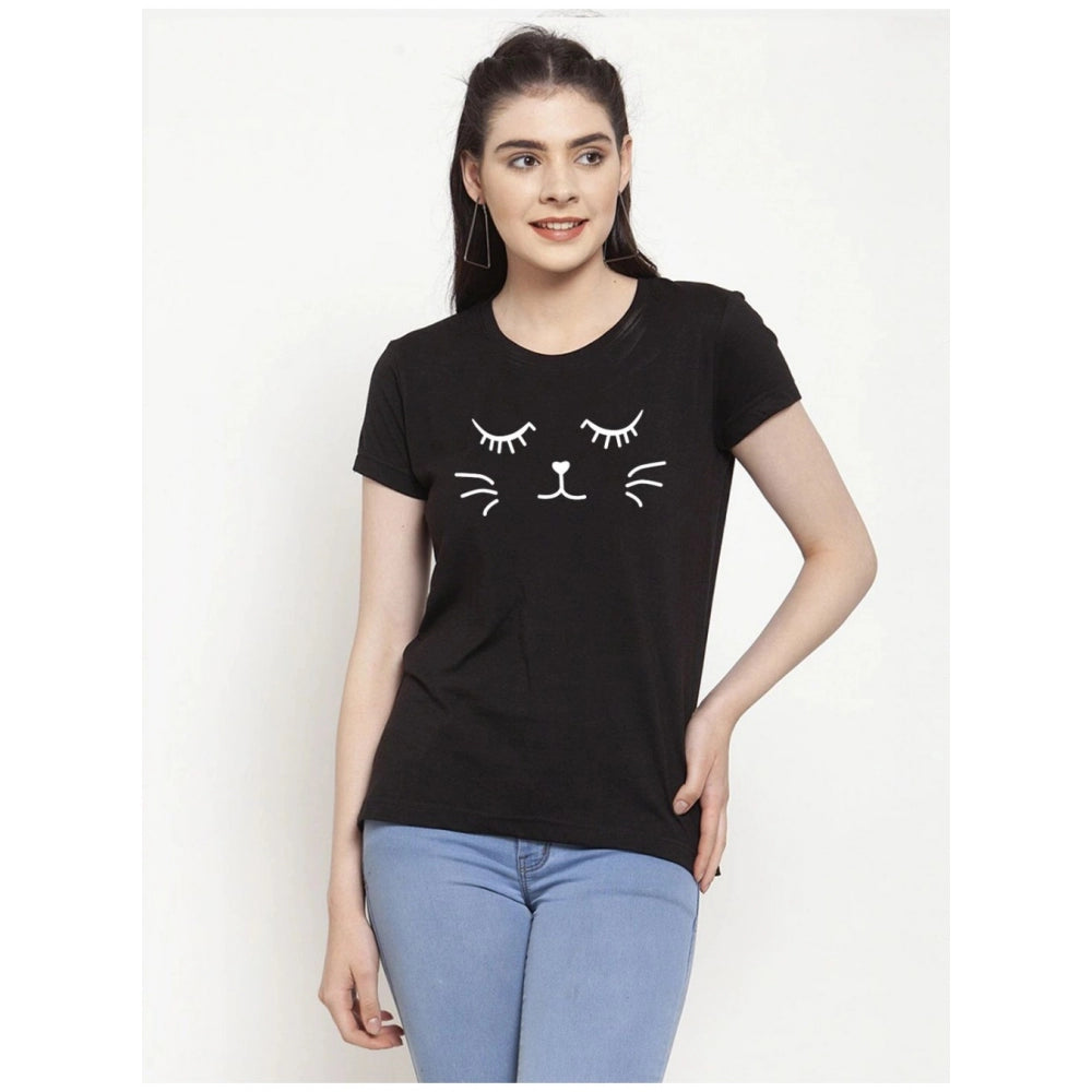 Amfyn Women's Cotton Blend Graphic Cat Printed T-Shirt (Black)