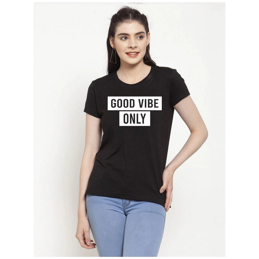 Amfyn Women's Cotton Blend Good Vibe Only Printed T-Shirt (Black)