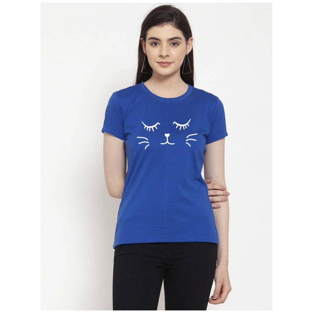 Amfyn Women's Cotton Blend Graphic Cat Printed T-Shirt (Blue)