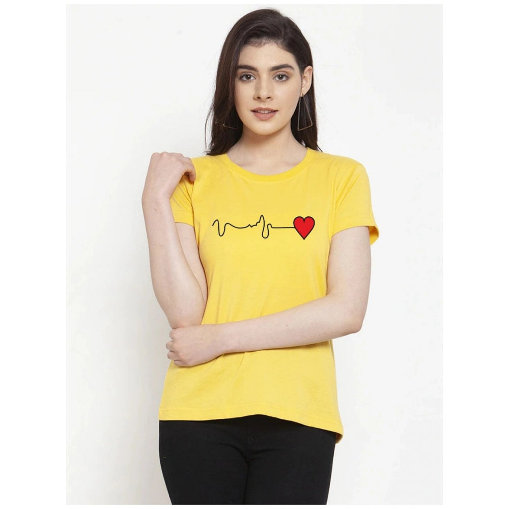 Amfyn Women's Cotton Blend Waves Printed T-Shirt (Yellow)