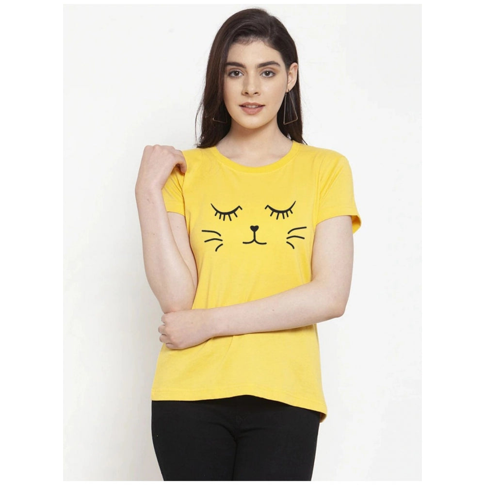 Amfyn Women's Cotton Blend Graphic Cat Printed T-Shirt (Yellow)