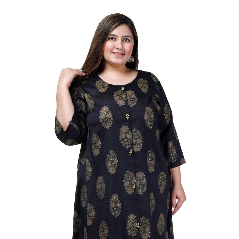 Amfyn Women's Office wear Golden Foil Capsule A-Line Kurti (Black)