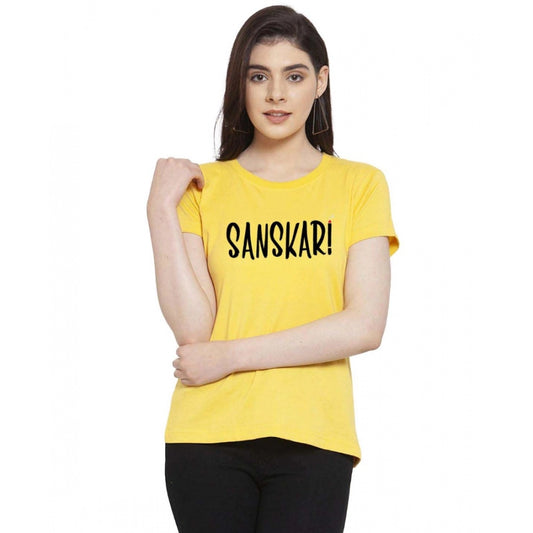 Amfyn Women's Cotton Blend Sanskari Printed T-Shirt (Yellow)