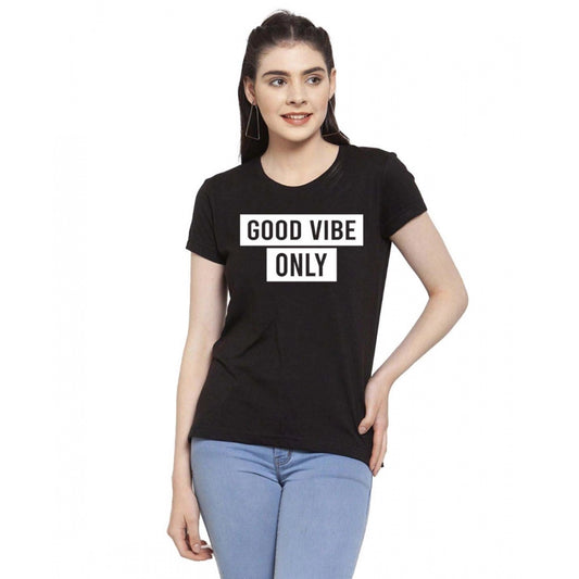 Amfyn Women's Cotton Blend Good Vibe Only Printed T-Shirt (Black)
