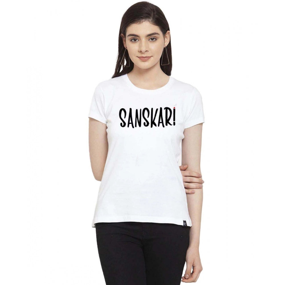 Amfyn Women's Cotton Blend Sanskari Printed T-Shirt (White)