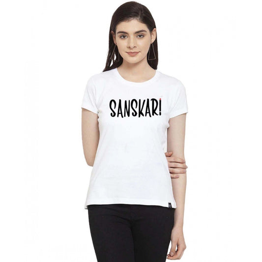 Amfyn Women's Cotton Blend Sanskari Printed T-Shirt (White)