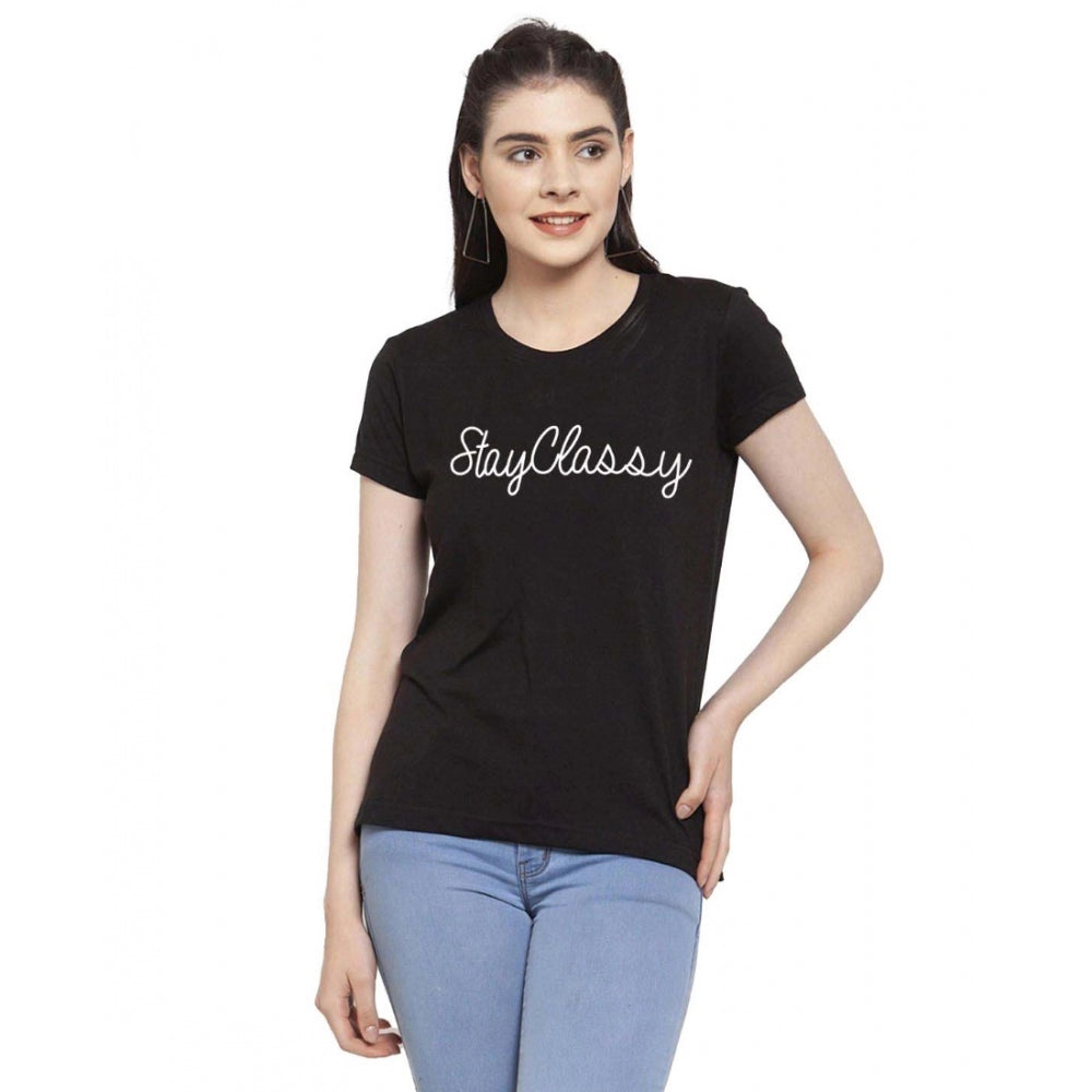 Amfyn Women's Cotton Blend Stay Classy Printed T-Shirt (Black)
