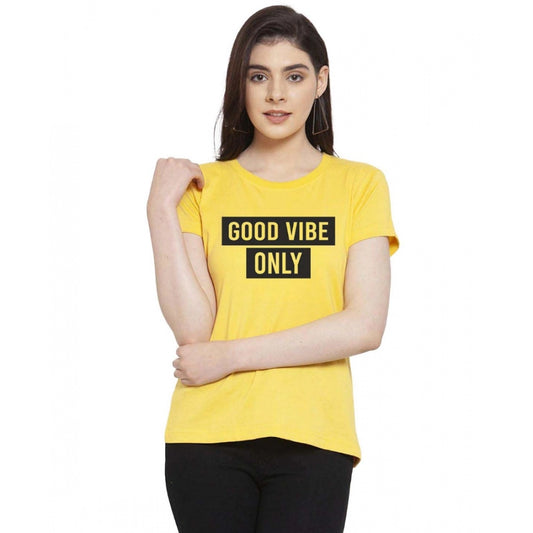 Amfyn Women's Cotton Blend Good Vibe Only Printed T-Shirt (Yellow)