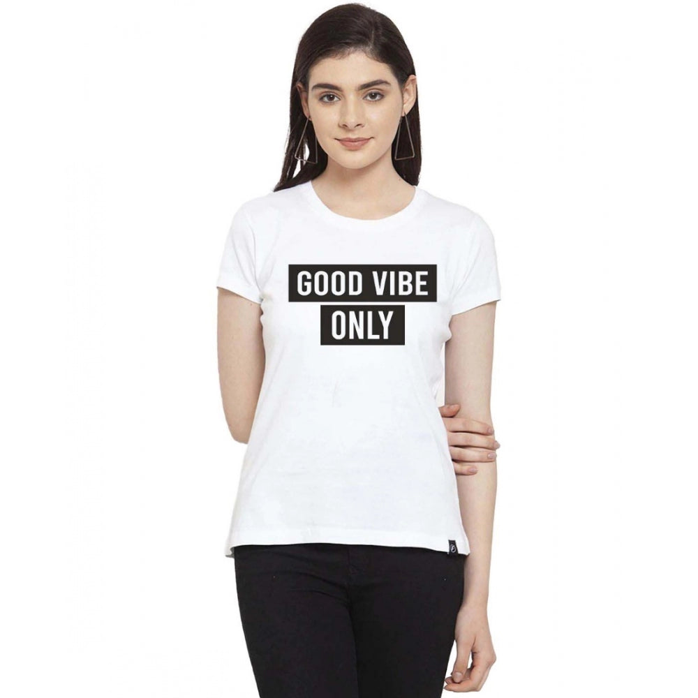 Amfyn Women's Cotton Blend Good Vibe Only Printed T-Shirt (White)