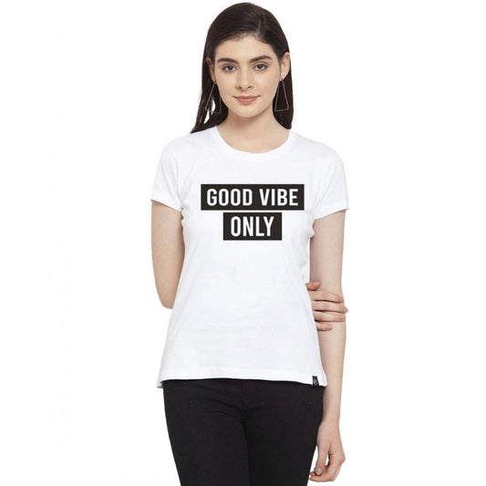 Amfyn Women's Cotton Blend Good Vibe Only Printed T-Shirt (White)
