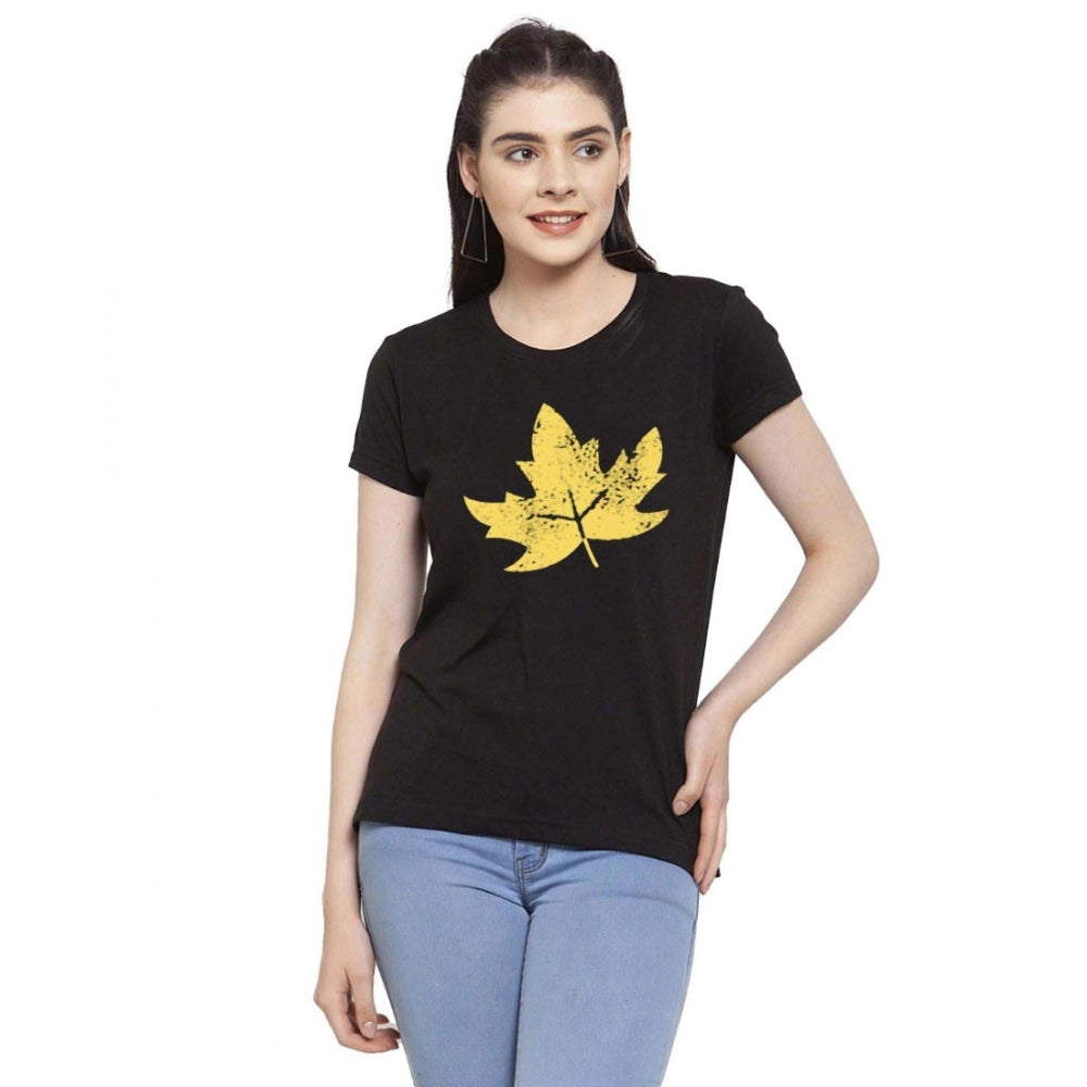 Amfyn Women's Cotton Blend Leafe Printed T-Shirt (Black)