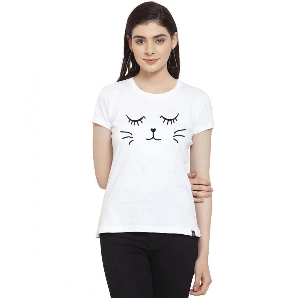 Amfyn Women's Cotton Blend Graphic Cat Printed T-Shirt (White)