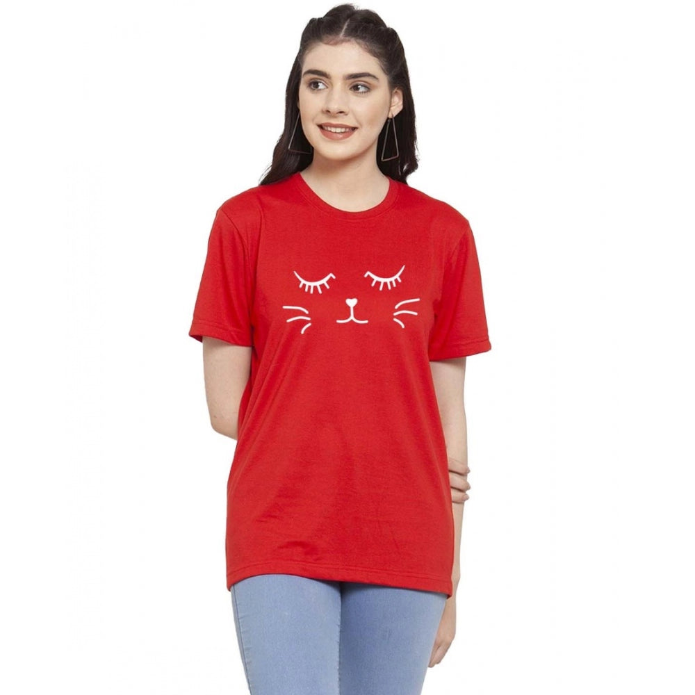 Amfyn Women's Cotton Blend Graphic Cat Printed T-Shirt (Red)