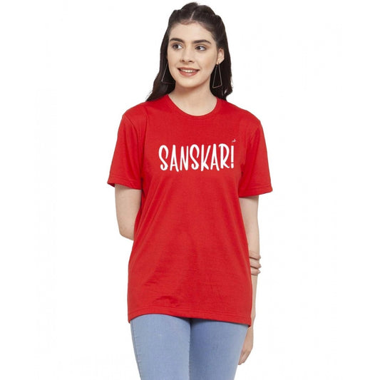 Amfyn Women's Cotton Blend Sanskari Printed T-Shirt (Red)